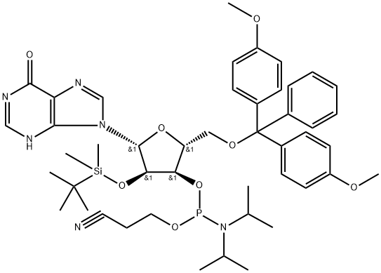 2'-O-(tert-butyldimethylsilyl)-5'-O (p,p'-dimethoxytrityl)inosine 3'-[(2-cyanoethyl)N,N-diisopropylaminophosphoramidite] Struktur