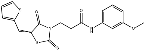 N-(3-methoxyphenyl)-3-[(5E)-4-oxo-2-sulfanylidene-5-(thiophen-2-ylmethylidene)-1,3-thiazolidin-3-yl]propanamide Struktur