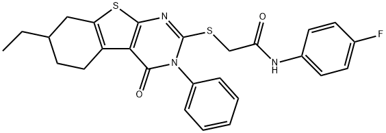 2-[(7-ethyl-4-oxo-3-phenyl-5,6,7,8-tetrahydro-[1]benzothiolo[2,3-d]pyrimidin-2-yl)sulfanyl]-N-(4-fluorophenyl)acetamide Struktur