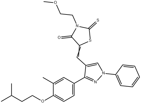 (5Z)-3-(2-methoxyethyl)-5-[[3-[3-methyl-4-(3-methylbutoxy)phenyl]-1-phenylpyrazol-4-yl]methylidene]-2-sulfanylidene-1,3-thiazolidin-4-one Struktur