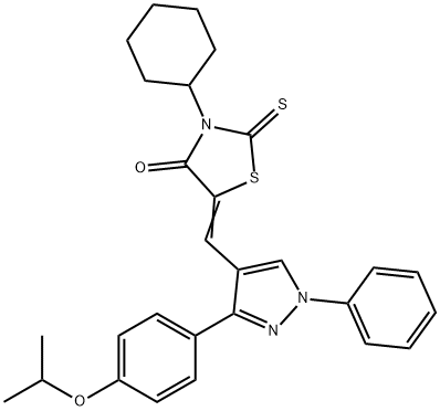 (5Z)-3-cyclohexyl-5-[[1-phenyl-3-(4-propan-2-yloxyphenyl)pyrazol-4-yl]methylidene]-2-sulfanylidene-1,3-thiazolidin-4-one Struktur