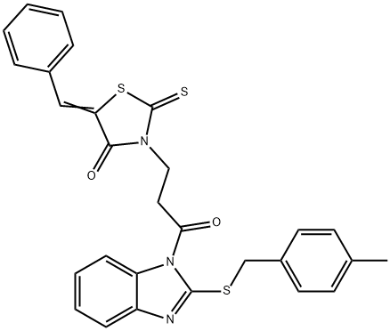 (5E)-5-benzylidene-3-[3-[2-[(4-methylphenyl)methylsulfanyl]benzimidazol-1-yl]-3-oxopropyl]-2-sulfanylidene-1,3-thiazolidin-4-one Struktur