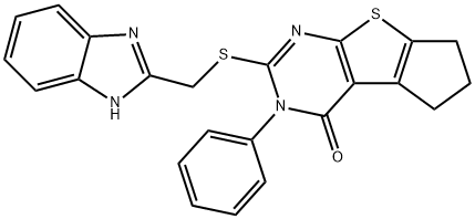 3-(1H-benzimidazol-2-ylmethylsulfanyl)-2-phenyl-7,8-dihydro-6H-cyclopenta[2,3]thieno[2,4-b]pyrimidin-1-one Struktur