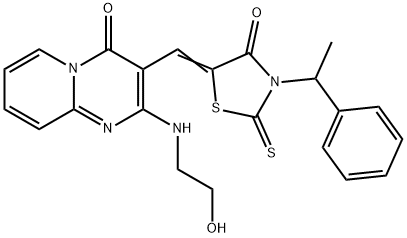 (5Z)-5-[[2-(2-hydroxyethylamino)-4-oxopyrido[1,2-a]pyrimidin-3-yl]methylidene]-3-(1-phenylethyl)-2-sulfanylidene-1,3-thiazolidin-4-one Struktur