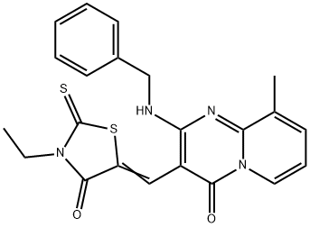 (5Z)-5-[[2-(benzylamino)-9-methyl-4-oxopyrido[1,2-a]pyrimidin-3-yl]methylidene]-3-ethyl-2-sulfanylidene-1,3-thiazolidin-4-one Struktur