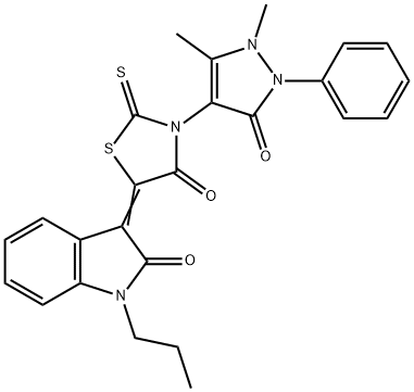 (5Z)-3-(1,5-dimethyl-3-oxo-2-phenylpyrazol-4-yl)-5-(2-oxo-1-propylindol-3-ylidene)-2-sulfanylidene-1,3-thiazolidin-4-one Struktur