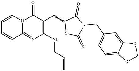 (5Z)-3-(1,3-benzodioxol-5-ylmethyl)-5-[[4-oxo-2-(prop-2-enylamino)pyrido[1,2-a]pyrimidin-3-yl]methylidene]-2-sulfanylidene-1,3-thiazolidin-4-one Struktur