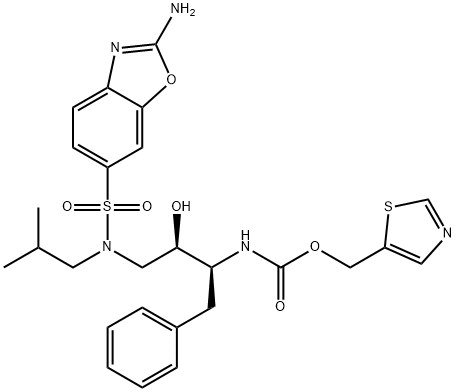 5-Thiazolylmethyl [((1S,2R)-3-[[(2-amino-6-benzoxazolyl)sulfonyl](2-methylpropyl)amino]-2-hydroxy-1-phenylmethyl)propyl]carbamate Struktur