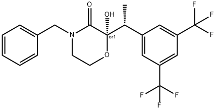 3-Morpholinone, 2-[(1R)-1-[3,5-bis(trifluoromethyl)phenyl]ethyl]-2-hydroxy-4-(phenylmethyl)-, (2R)-rel- Struktur