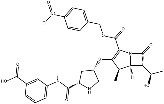 1-Azabicyclo[3.2.0]hept-2-ene-2-carboxylic acid, 3-[[(3S,5S)-5-[[(3-carboxyphenyl)amino]carbonyl]-3-pyrrolidinyl]thio]-6-[(1R)-1-hydroxyethyl]-4-methyl-7-oxo-, 2-[(4-nitrophenyl)methyl] ester, (4R,5S,6S)- Struktur