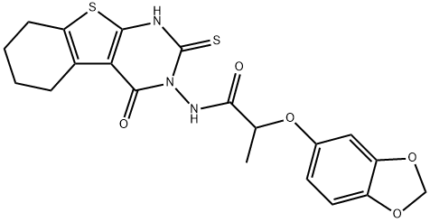 2-(1,3-benzodioxol-5-yloxy)-N-(4-oxo-2-sulfanylidene-5,6,7,8-tetrahydro-1H-[1]benzothiolo[2,3-d]pyrimidin-3-yl)propanamide Struktur