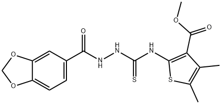 methyl 2-(2-(benzo[d][1,3]dioxole-5-carbonyl)hydrazinecarbothioamido)-4,5-dimethylthiophene-3-carboxylate Struktur