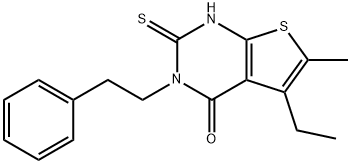 5-ethyl-6-methyl-3-(2-phenylethyl)-2-sulfanylidene-1H-thieno[2,3-d]pyrimidin-4-one Struktur