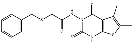 2-benzylsulfanyl-N-(5,6-dimethyl-4-oxo-2-sulfanylidene-1H-thieno[2,3-d]pyrimidin-3-yl)acetamide Struktur