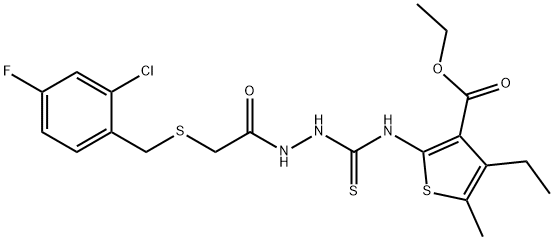 ethyl 2-(2-(2-((2-chloro-4-fluorobenzyl)thio)acetyl)hydrazinecarbothioamido)-4-ethyl-5-methylthiophene-3-carboxylate Struktur