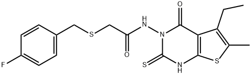 N-(5-ethyl-6-methyl-4-oxo-2-sulfanylidene-1H-thieno[2,3-d]pyrimidin-3-yl)-2-[(4-fluorophenyl)methylsulfanyl]acetamide Struktur