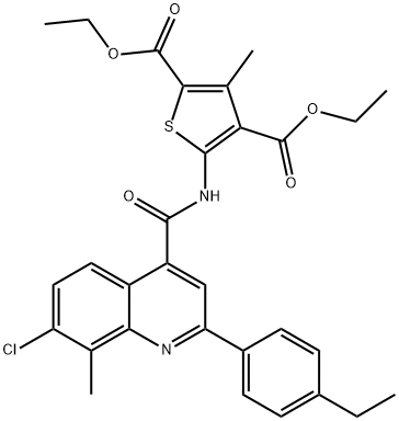 diethyl 5-(7-chloro-2-(4-ethylphenyl)-8-methylquinoline-4-carboxamido)-3-methylthiophene-2,4-dicarboxylate Struktur