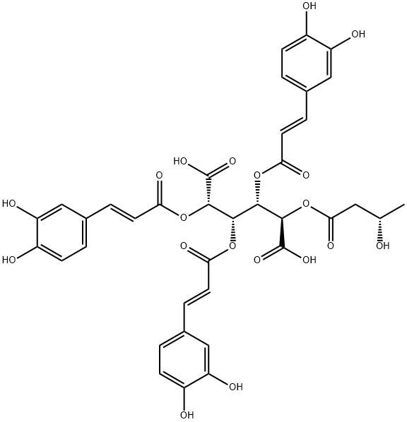 D-Glucaric acid, 3,4,5-tris[(2E)-3-(3,4-dihydroxyphenyl)-2-propenoate] 2-[(3S)-3-hydroxybutanoate] Struktur