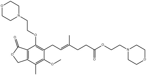 4-Hexenoic acid, 6-[1,3-dihydro-6-methoxy-7-methyl-4-[2-(4-morpholinyl)ethoxy]-3-oxo-5-isobenzofuranyl]-4-methyl-, 2-(4-morpholinyl)ethyl ester, (4E)- Struktur