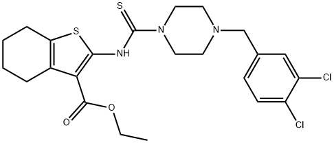 ethyl 2-(4-(3,4-dichlorobenzyl)piperazine-1-carbothioamido)-4,5,6,7-tetrahydrobenzo[b]thiophene-3-carboxylate Struktur