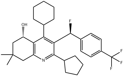 5-Quinolinol, 4-cyclohexyl-2-cyclopentyl-3-[(S)-fluoro[4-(trifluoromethyl)phenyl]methyl]-5,6,7,8-tetrahydro-7,7-dimethyl-, (5S)- Struktur