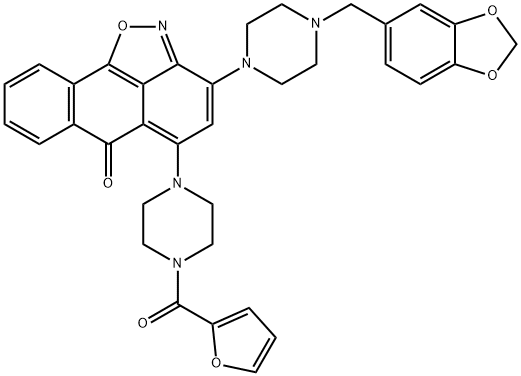 6H-Anthra[1,9-cd]isoxazol-6-one, 3-[4-(1,3-benzodioxol-5-ylmethyl)-1-piperazinyl]-5-[4-(2-furanylcarbonyl)-1-piperazinyl]- Struktur