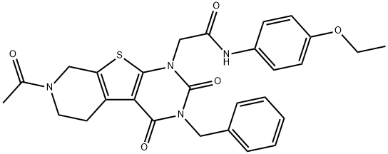 Pyrido[4',3':4,5]thieno[2,3-d]pyrimidine-1(2H)-acetamide, 7-acetyl-N-(4-ethoxyphenyl)-3,4,5,6,7,8-hexahydro-2,4-dioxo-3-(phenylmethyl)- Struktur