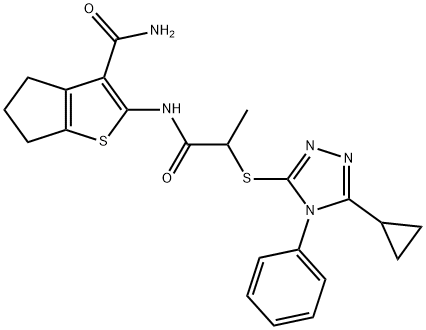 4H-Cyclopenta[b]thiophene-3-carboxamide, 2-[[2-[(5-cyclopropyl-4-phenyl-4H-1,2,4-triazol-3-yl)thio]-1-oxopropyl]amino]-5,6-dihydro- Struktur