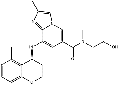 Imidazo[1,2-a]pyridine-6-carboxamide, 8-[[(4S)-3,4-dihydro-5-methyl-2H-1-benzopyran-4-yl]amino]-N-(2-hydroxyethyl)-N,2-dimethyl- Struktur