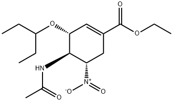 1-Cyclohexene-1-carboxylic acid, 4-(acetylamino)-3-(1-ethylpropoxy)-5-nitro-, ethyl ester, (3R,4R,5S)- 結構式