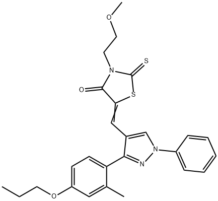 (5Z)-3-(2-methoxyethyl)-5-[[3-(2-methyl-4-propoxyphenyl)-1-phenylpyrazol-4-yl]methylidene]-2-sulfanylidene-1,3-thiazolidin-4-one Struktur