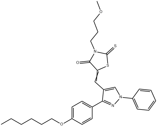 (5Z)-5-[[3-(4-hexoxyphenyl)-1-phenylpyrazol-4-yl]methylidene]-3-(3-methoxypropyl)-2-sulfanylidene-1,3-thiazolidin-4-one Struktur