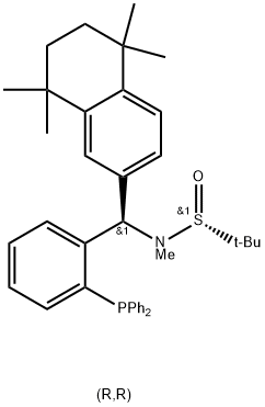 S(R)]-N-[(R)-[2-(Diphenylphosphino)phenyl](5,6,7,8-tetrahydro-5,5,8,8-tetramethyl-2-naphthalenyl)methyl]-N,2-dimethyl-2-propanesulfinamide Struktur