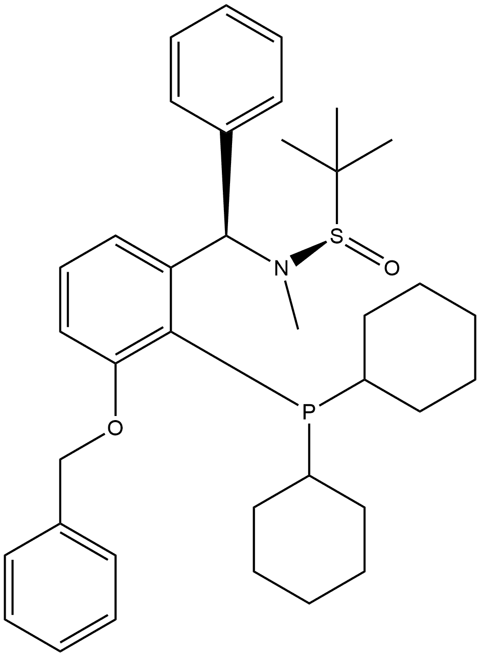 [S(R)]-N-[(R)-[(3-(Benzyloxy)-2-(dicyclohexylphosphino)phenyl)phenylmethyl]-N,2-dimethyl-2-propanesulfinamide Struktur