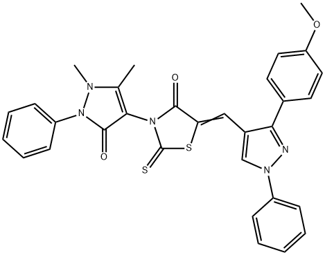 (5Z)-3-(1,5-dimethyl-3-oxo-2-phenylpyrazol-4-yl)-5-[[3-(4-methoxyphenyl)-1-phenylpyrazol-4-yl]methylidene]-2-sulfanylidene-1,3-thiazolidin-4-one Struktur