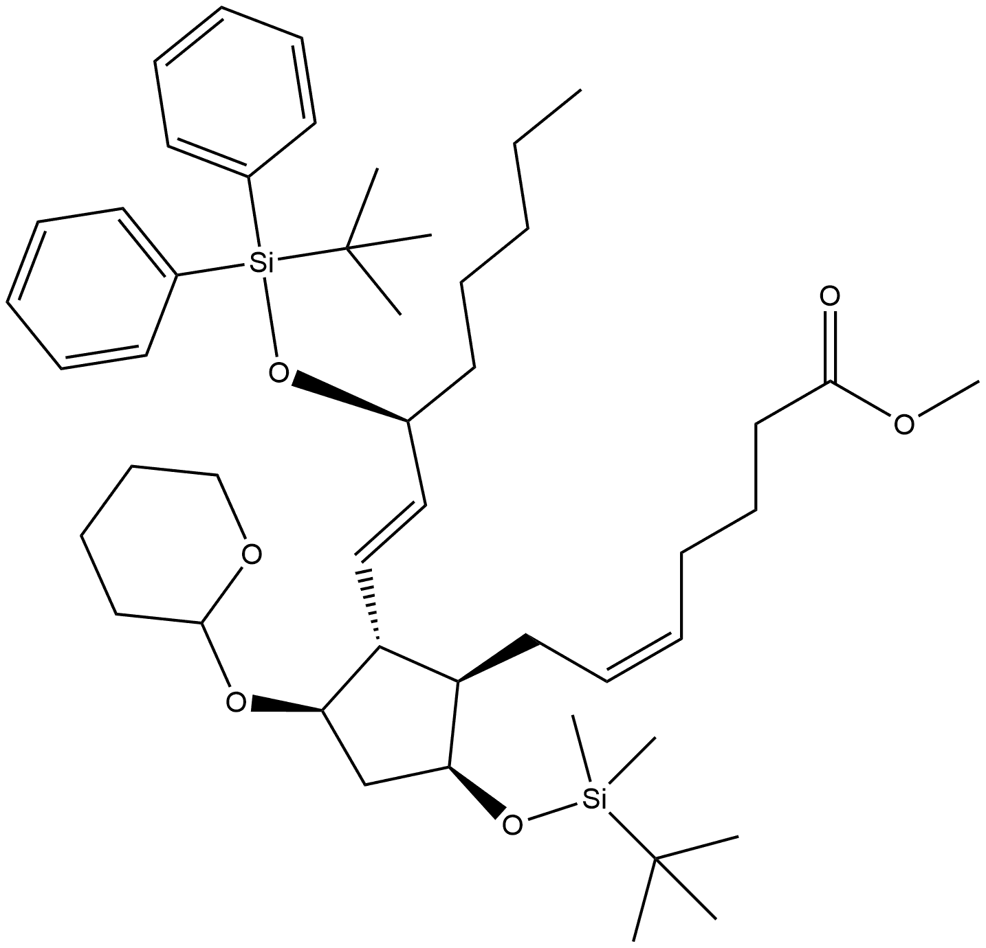 Prosta-5,13-dien-1-oic acid, 9-[[(1,1-dimethylethyl)dimethylsilyl]oxy]-15-[[(1,1-dimethylethyl)diphenylsilyl]oxy]-11-[(tetrahydro-2H-pyran-2-yl)oxy]-, methyl ester, (5Z,9α,11α,13E,15S)- (9CI) Struktur