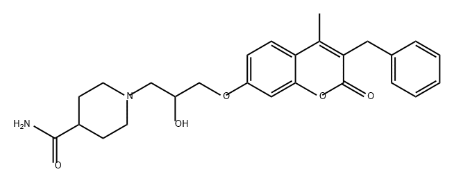 4-Piperidinecarboxamide, 1-[2-hydroxy-3-[[4-methyl-2-oxo-3-(phenylmethyl)-2H-1-benzopyran-7-yl]oxy]propyl]- Struktur