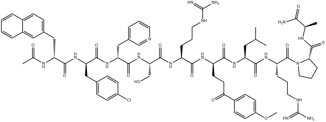 Ac-3-(2-Naphtyl)-D-Ala-4-chloro-D-Phe-3-(3-pyridinyl)-D-Ala-L-Ser-L-Arg-4-(4-methoxybenzoyl)-D-Abu-L-Leu-L-Arg-L-Pro-D-Ala-NH2 Struktur