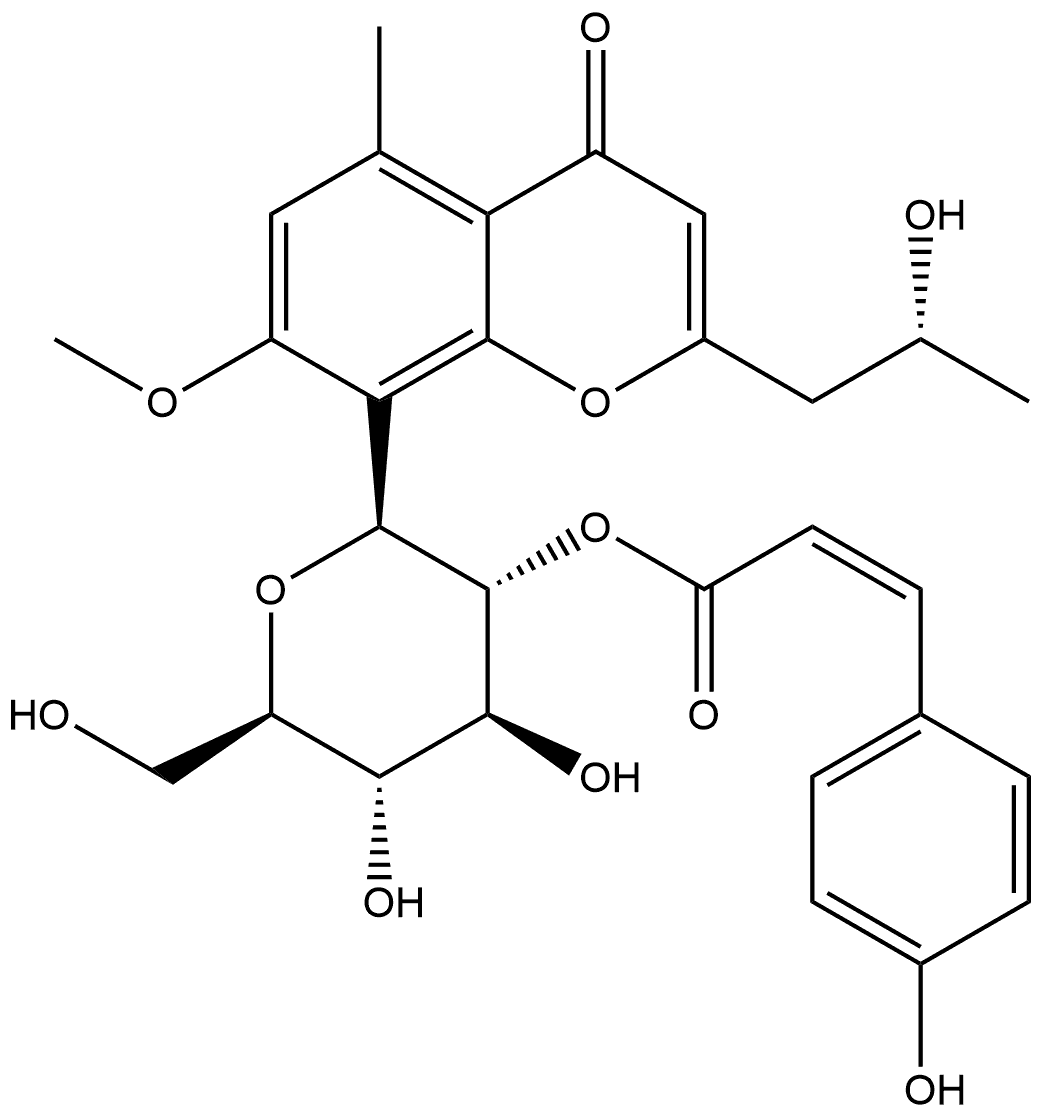 4H-1-Benzopyran-4-one, 8-[2-O-[(2Z)-3-(4-hydroxyphenyl)-1-oxo-2-propen-1-yl]-β-D-glucopyranosyl]-2-[(2R)-2-hydroxypropyl]-7-methoxy-5-methyl- Struktur