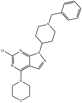 1H-Pyrazolo[3,4-d]pyrimidine, 6-chloro-4-(4-morpholinyl)-1-[1-(phenylmethyl)-4-piperidinyl]- Struktur