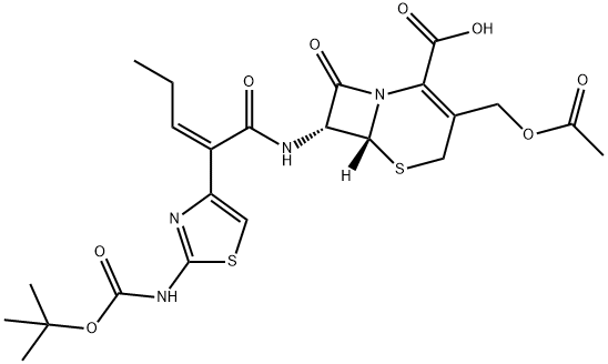 5-Thia-1-azabicyclo[4.2.0]oct-2-ene-2-carboxylic acid, 3-[(acetyloxy)methyl]-7-[[(2Z)-2-[2-[[(1,1-dimethylethoxy)carbonyl]amino]-4-thiazolyl]-1-oxo-2-penten-1-yl]amino]-8-oxo-, (6R,7R)- Struktur