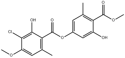 Benzoic acid, 3-chloro-2-hydroxy-4-methoxy-6-methyl-, 3-hydroxy-4-(methoxycarbonyl)-5-methylphenyl ester Struktur