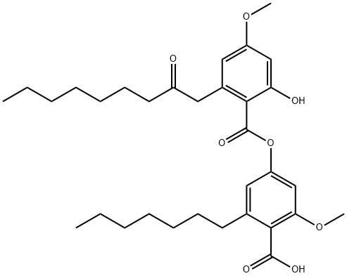 Benzoic acid, 2-heptyl-4-[[2-hydroxy-4-methoxy-6-(2-oxononyl)benzoyl]oxy]-6-methoxy- Struktur