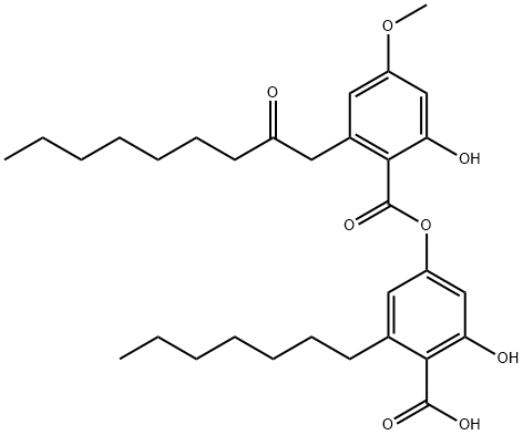 Benzoic acid, 2-heptyl-6-hydroxy-4-[[2-hydroxy-4-methoxy-6-(2-oxononyl)benzoyl]oxy]- Struktur