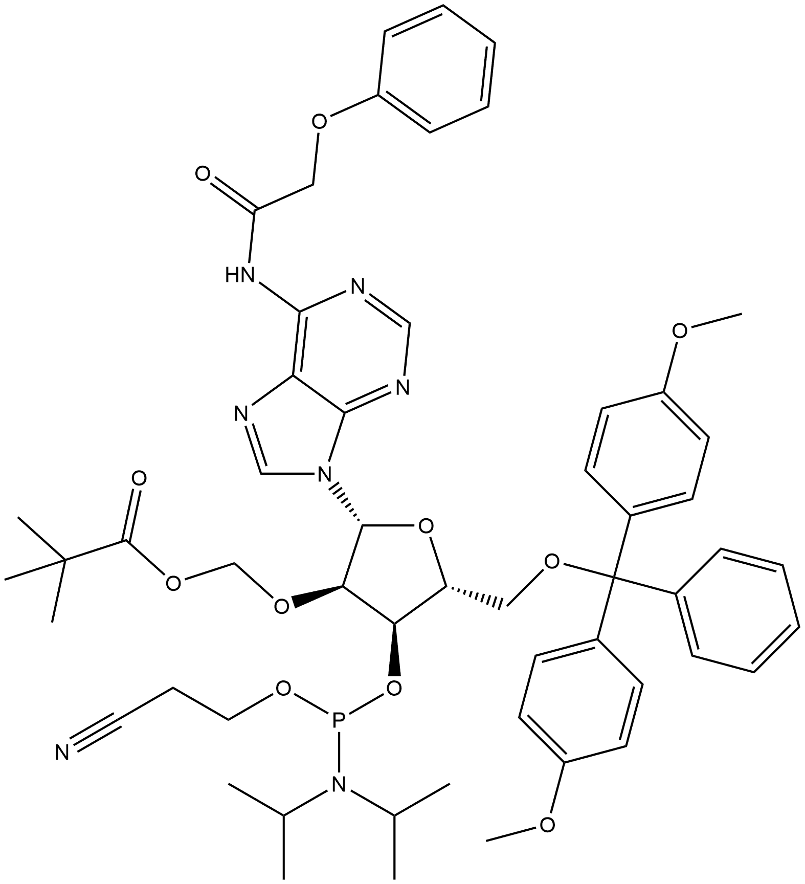 Adenosine, 5′-O-[bis(4-methoxyphenyl)phenylmethyl]-2′-O-[(2,2-dimethyl-1-oxopropoxy)methyl]-N-(2-phenoxyacetyl)-, 3′-[2-cyanoethyl N,N-bis(1-methylethyl)phosphoramidite] Struktur