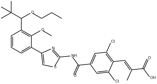 2-Propenoic acid, 3-[2,6-dichloro-4-[[[4-[3-(2,2-dimethyl-1-propoxypropyl)-2-methoxyphenyl]-2-thiazolyl]amino]carbonyl]phenyl]-2-methyl-, (2E)- Struktur