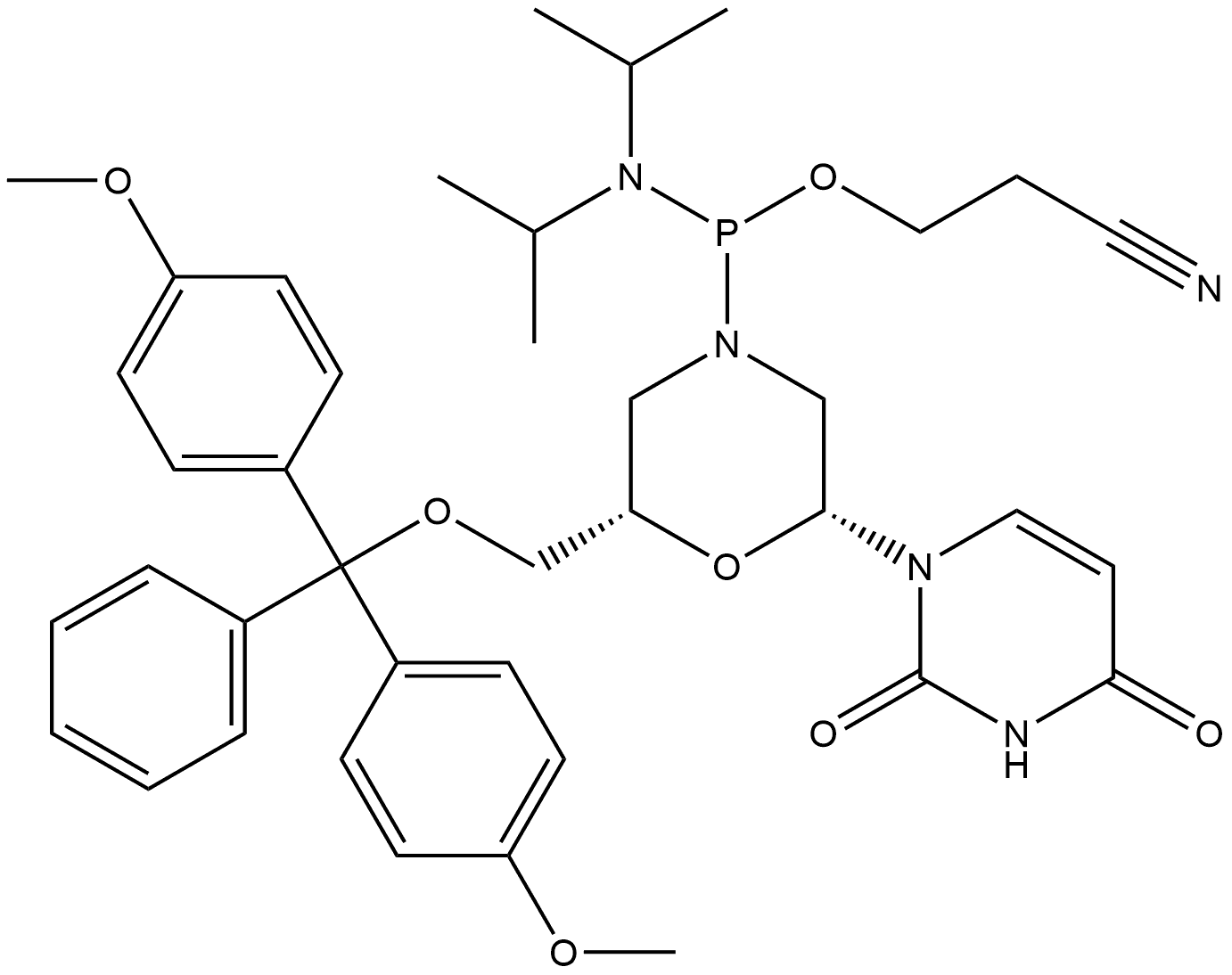 Phosphonamidous acid, P-[(2S,6R)-2-[[bis(4-methoxyphenyl)phenylmethoxy]methyl]-6-(3,4-dihydro-2,4-dioxo-1(2H)-pyrimidinyl)-4-morpholinyl]-N,N-bis(1-methylethyl)-, 2-cyanoethyl ester Struktur