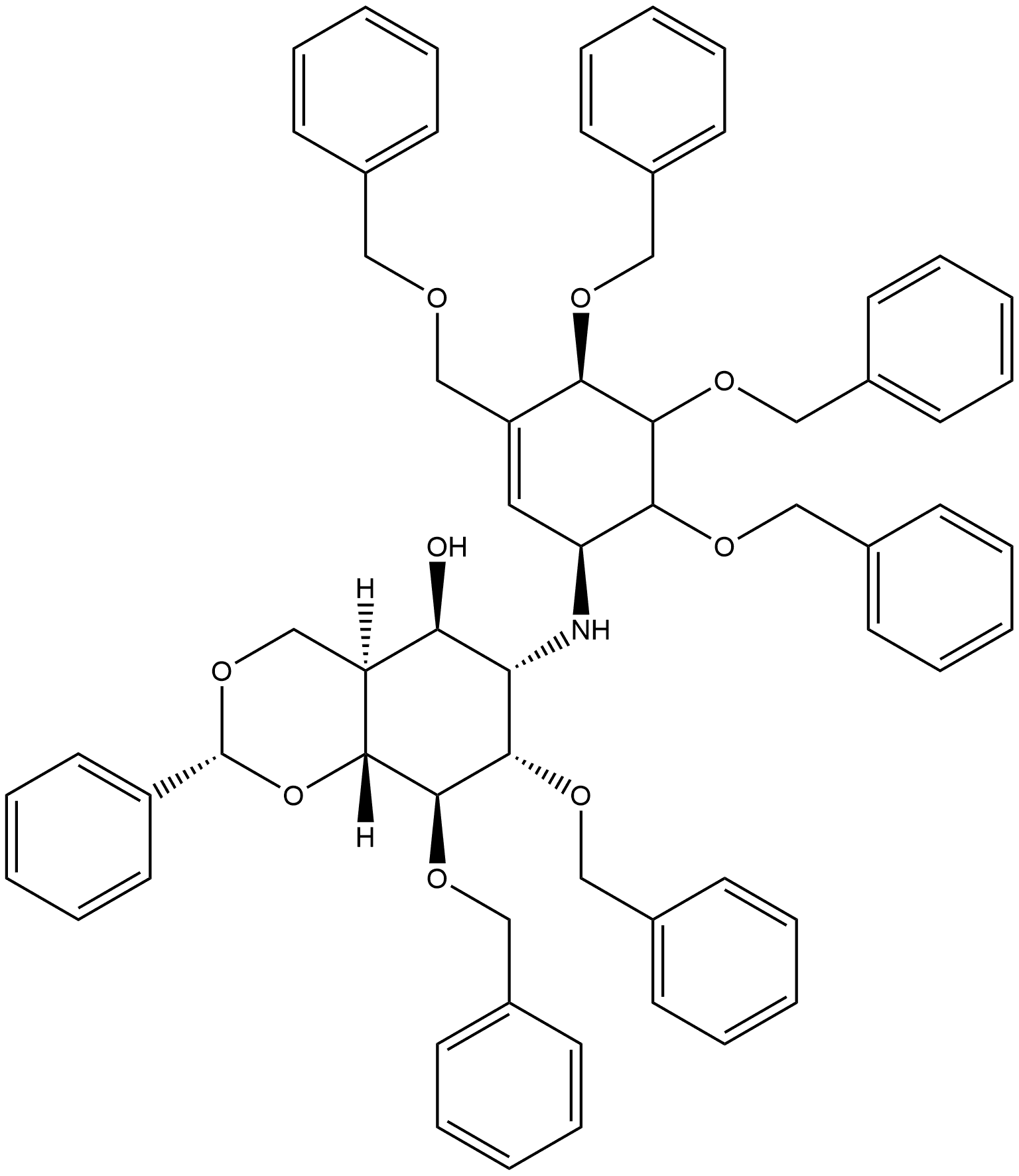 4H-1,3-Benzodioxin-5-ol, hexahydro-2-phenyl-7,8-bis(phenylmethoxy)-6-[[4,5,6-tris(phenylmethoxy)-3-[(phenylmethoxy)methyl]-2-cyclohexen-1-yl]amino]-, [2R-[2α,4aα,5β,6α(1S*,4R*,5S*,6S*),7α,8β,8aβ]]- (9CI)