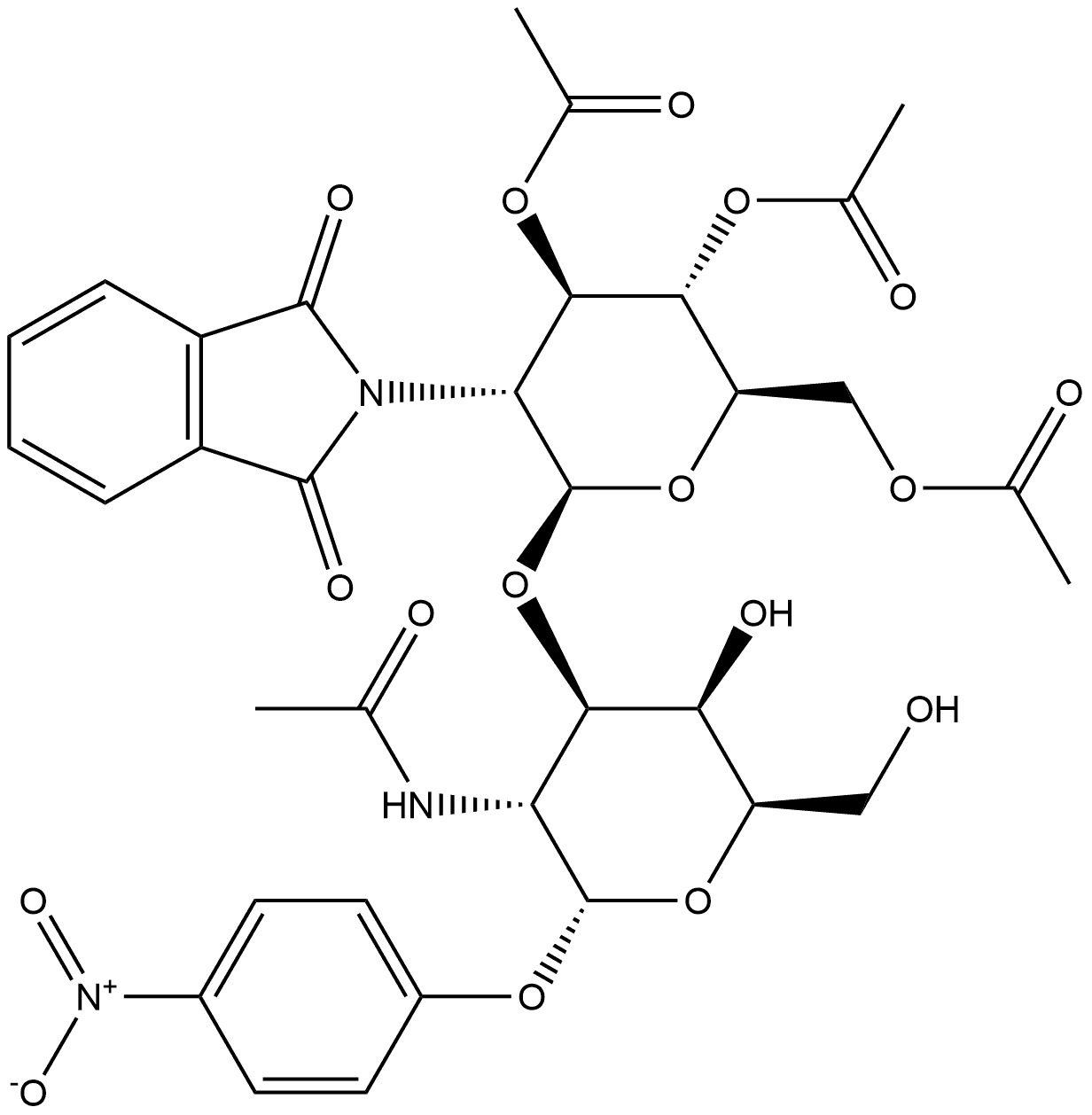 α-D-Galactopyranoside, 4-nitrophenyl 2-(acetylamino)-2-deoxy-3-O-[3,4,6-tri-O-acetyl-2-deoxy-2-(1,3-dihydro-1,3-dioxo-2H-isoindol-2-yl)-β-D-glucopyranosyl]- Struktur