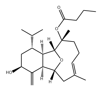 Butanoic acid, (2S,4R,4aR,5R,6R,9E,12R,12aR)-1,2,3,4,4a,5,6,7,8,11,12,12a-dodecahydro-2-hydroxy-6,10-dimethyl-1-methylene-4-(1-methylethyl)-5,12-epoxybenzocyclodecen-6-yl ester (9CI) Struktur